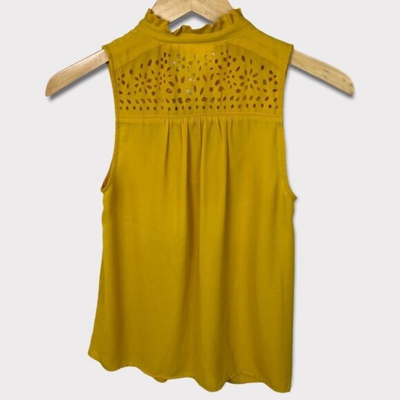 Anthropologie‎ Maeve Mustard Yellow Laser Cut Out Tie Neck Blouse Size 2 Petite - Picture 6 of 16